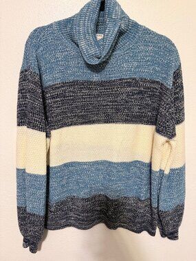Zenana Mock Neck Sweater Blue White Stripe Womans XL
